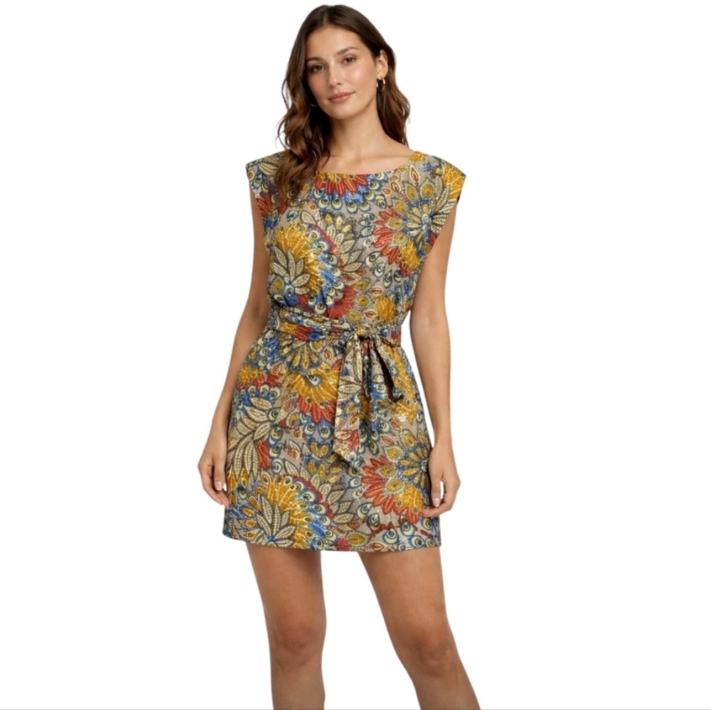 NWT Monique Leshman Multicolor Sequined Retro Floral Mini Dress M